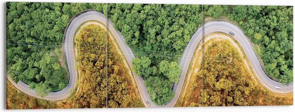 Bild auf Leinwand - Leinwandbild - 3 Teile - Luftaufnahmen Weg Wald - 150x50cm - Wand Bild - Wanddeko - Wandbilder - Leinwanddruck - Bilder - Wandd...