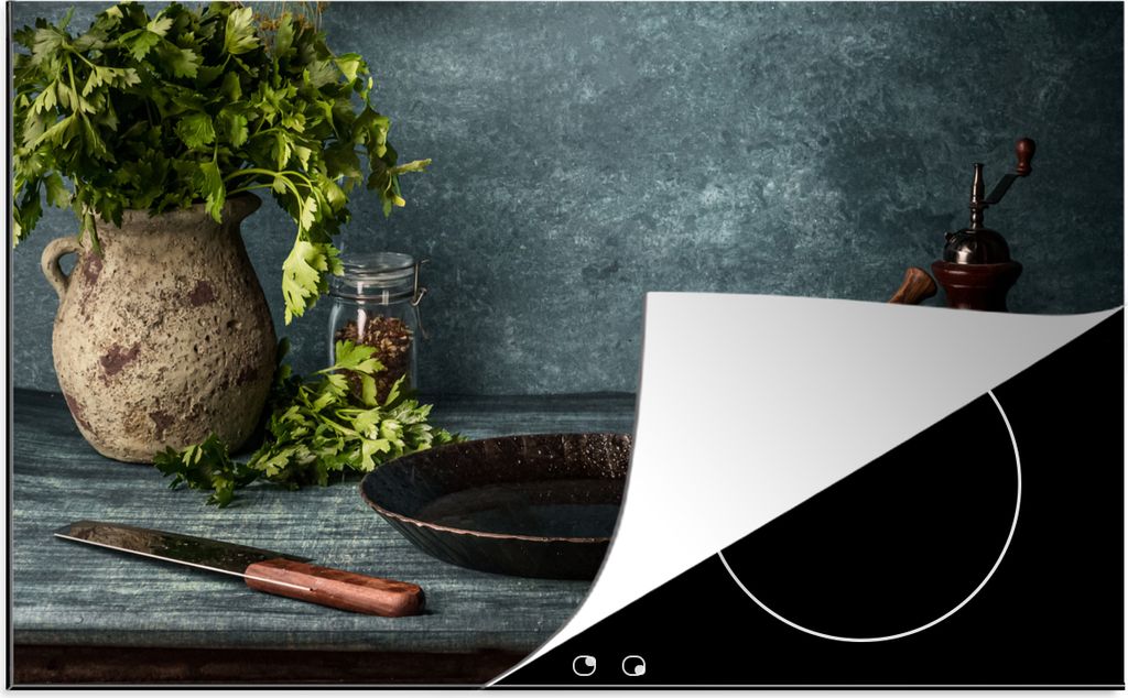 KitchenYeah Herdabdeckplatte Kräuter - Gewürze - Pfanne - Messer - Grau - Rustikal , 89x51cm, Küche Deko, Glaskeramikfeld Herdabdeckung, Abdec...