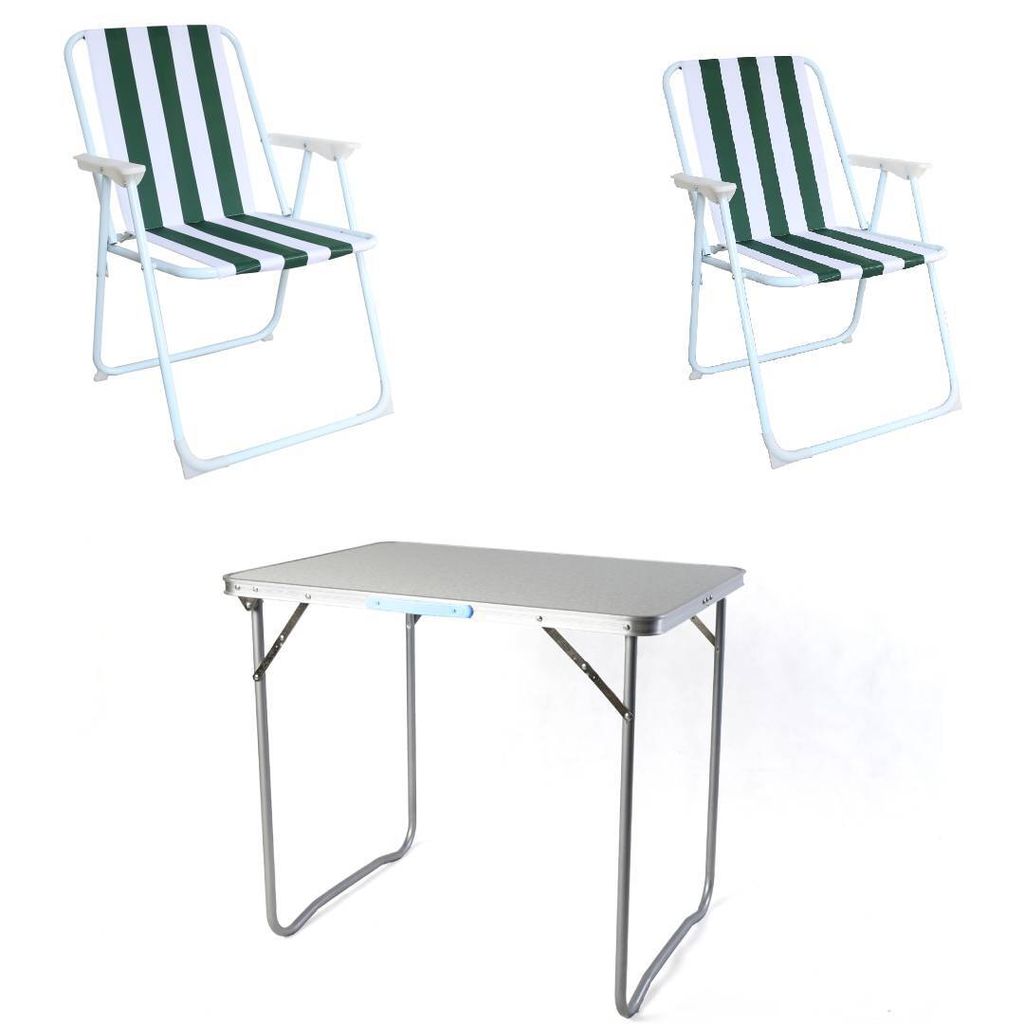 Campingset klappbar 3tlg Campingstuhl Gartenstuhl Grün-gestreift Koffertisch