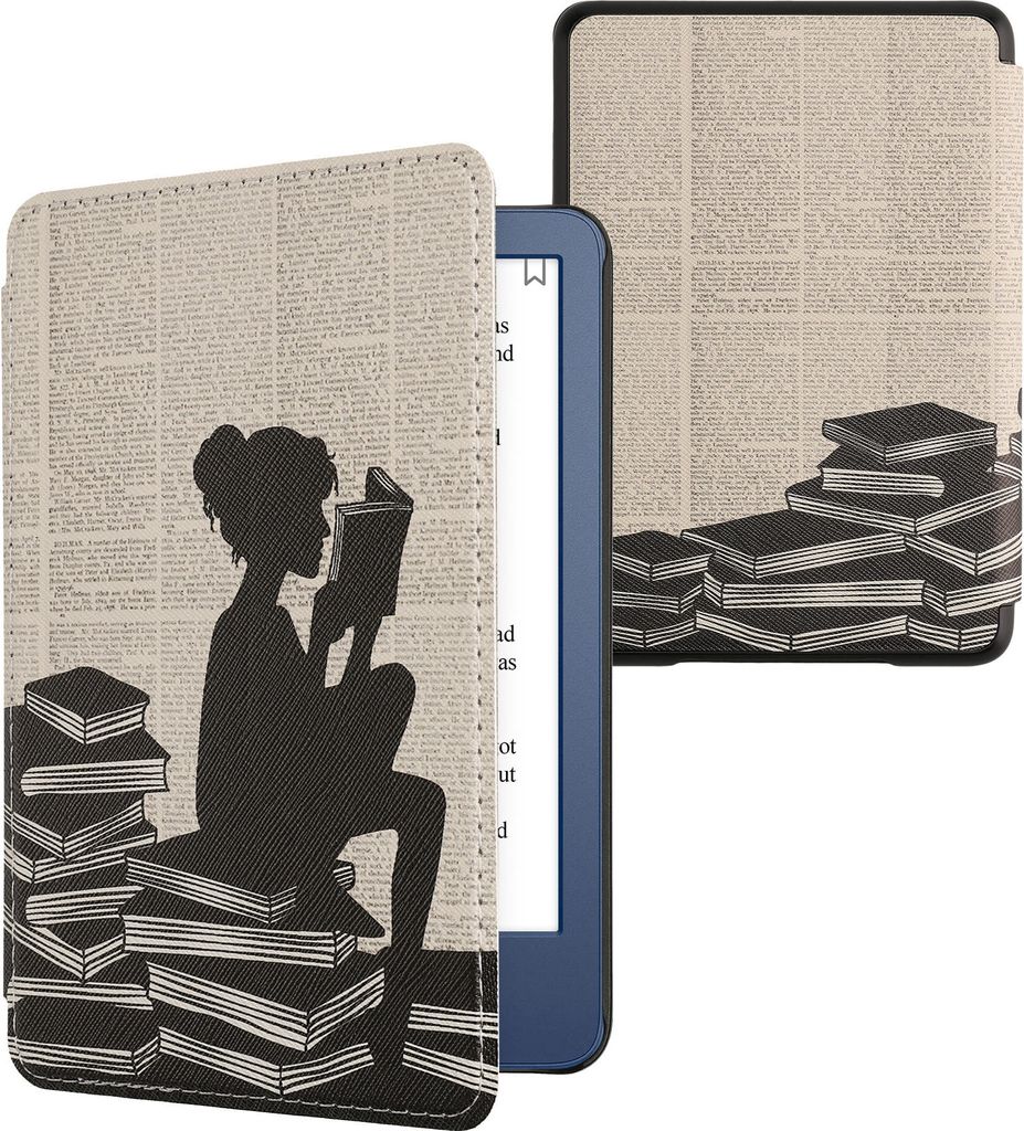 kwmobile Schutzhülle für Amazon Kindle (2022/2024) Hülle - eReader Flip Case mit Auto Sleep Funktion - Lesende Frau mit Schwarz Beige