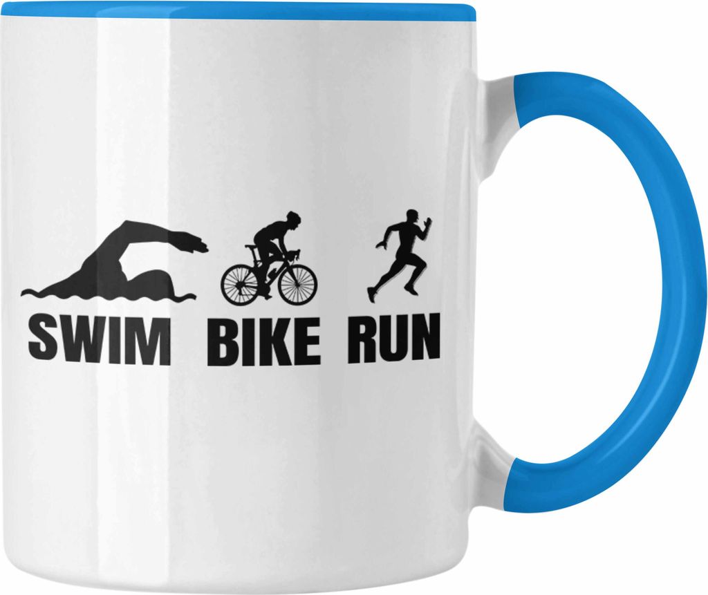 Trendation - Triathlon Tasse Geschenk Spruch für Swim Bike Run Geschenkidee Sportler Kaffeetasse Sprüche (Blau)