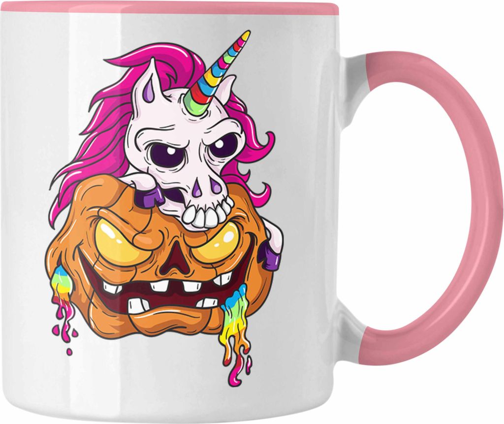 Trendation - Halloween Tasse Kürbis Dekoration Becher Einhorn Kürbis Gruselig (Rosa)
