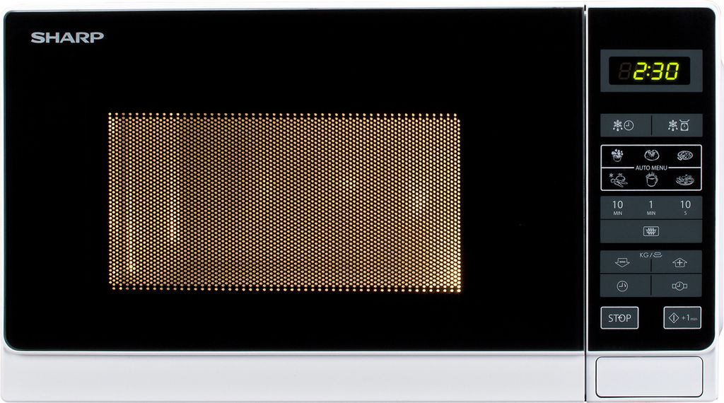 A white Sharp microwave oven is shown against a white background.