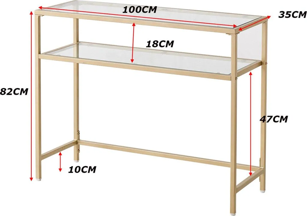 Table Console Gain de Place Dorée & Verre - Happyment 2 Niveaux
