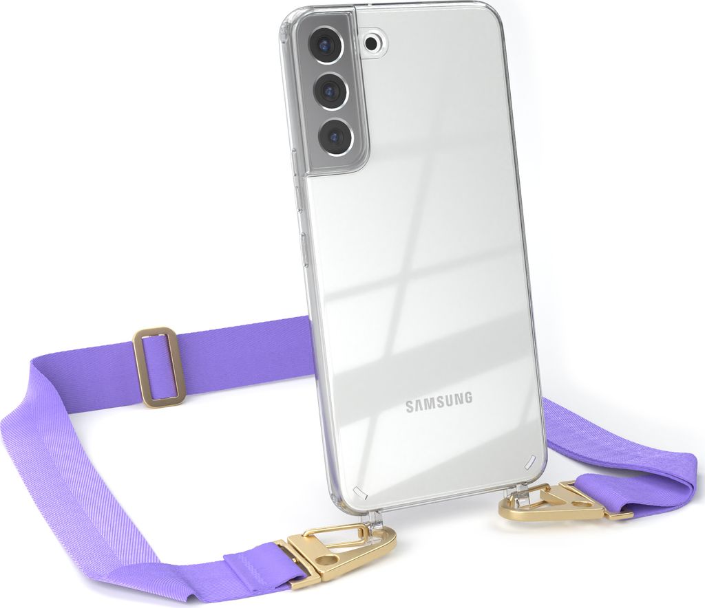 EAZY CASE - Hülle mit Band für Samsung Galaxy S22 Plus 5G, Handyhülle mit Umhängeband, Silikonhülle transparent, Handykette in Violett