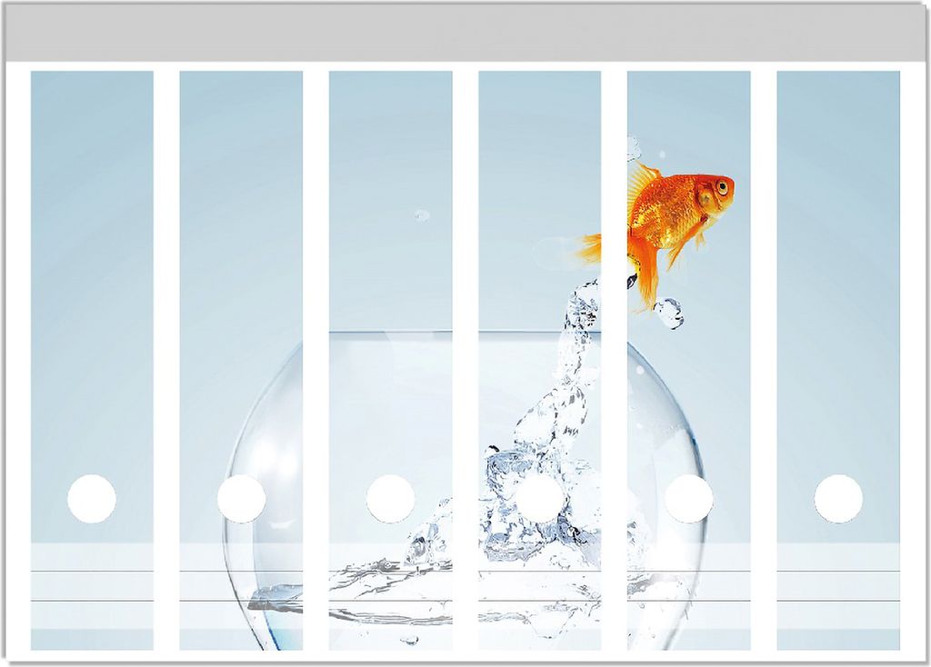 Wallario Ordnerrücken Sticker, selbstklebend für breite Ordner, 6 Stück, Motiv Goldfisch springt aus Aquarium