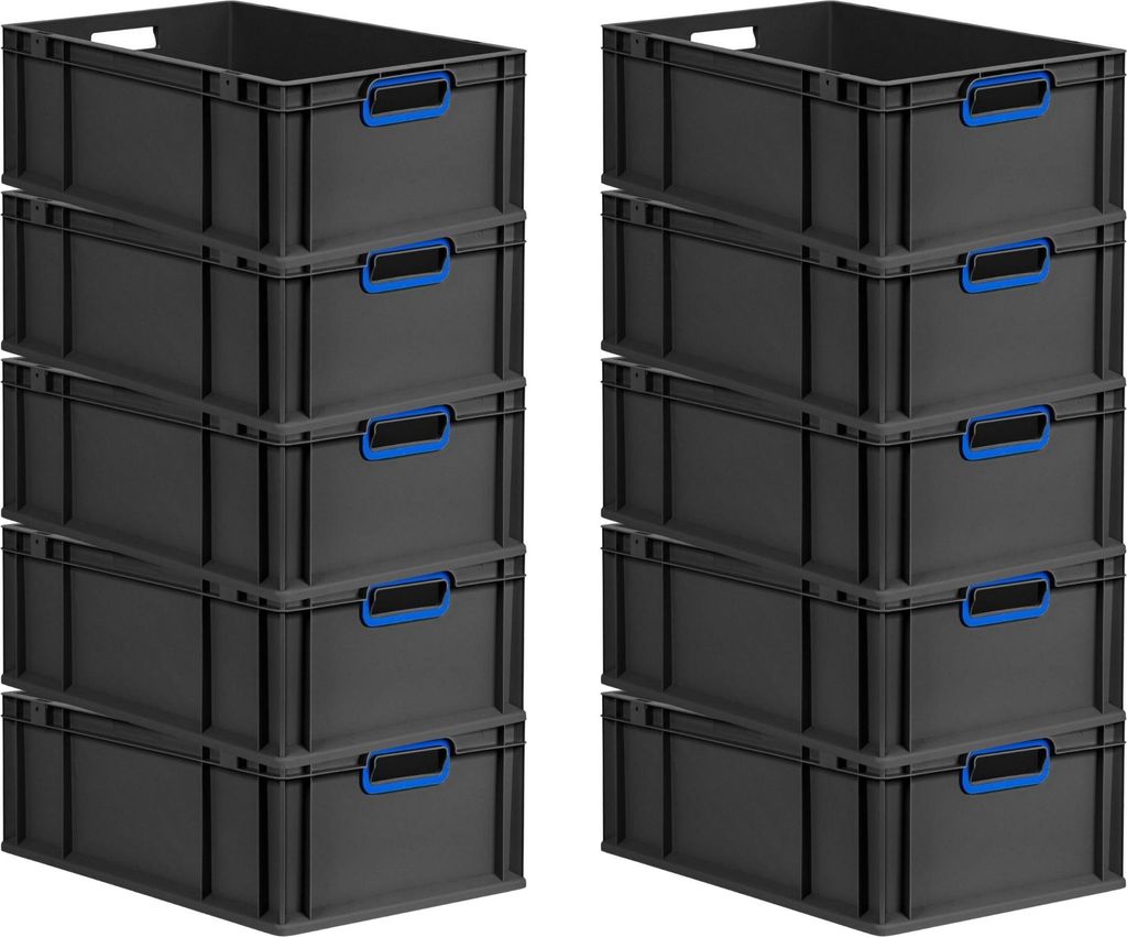 SparSet 10x Eurobox NextGen Color | HxBxT 22x40x60cm | 44 Liter | Griffe blau offen | Verstärkter Boden | Schwarz | Eurobehälter, Transportbox, T...