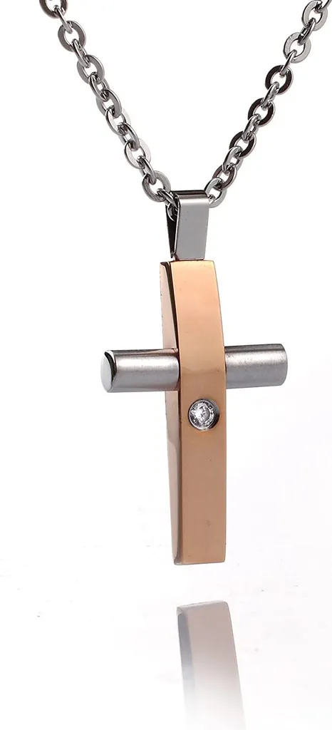 Collana Croce Uomo Rose Gold Acciaio Inox - Pendente con Zircone 50cm