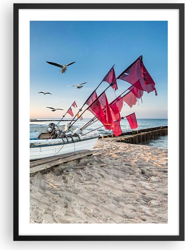 Gerahmtes Poster - Schwarzer Rahmen - £ódŸ Küste Möwen - 50x70 cm - Wand Bild - Wanddeko - Wandbilder - Kunstposter - Wandposter - Bilderrahme...