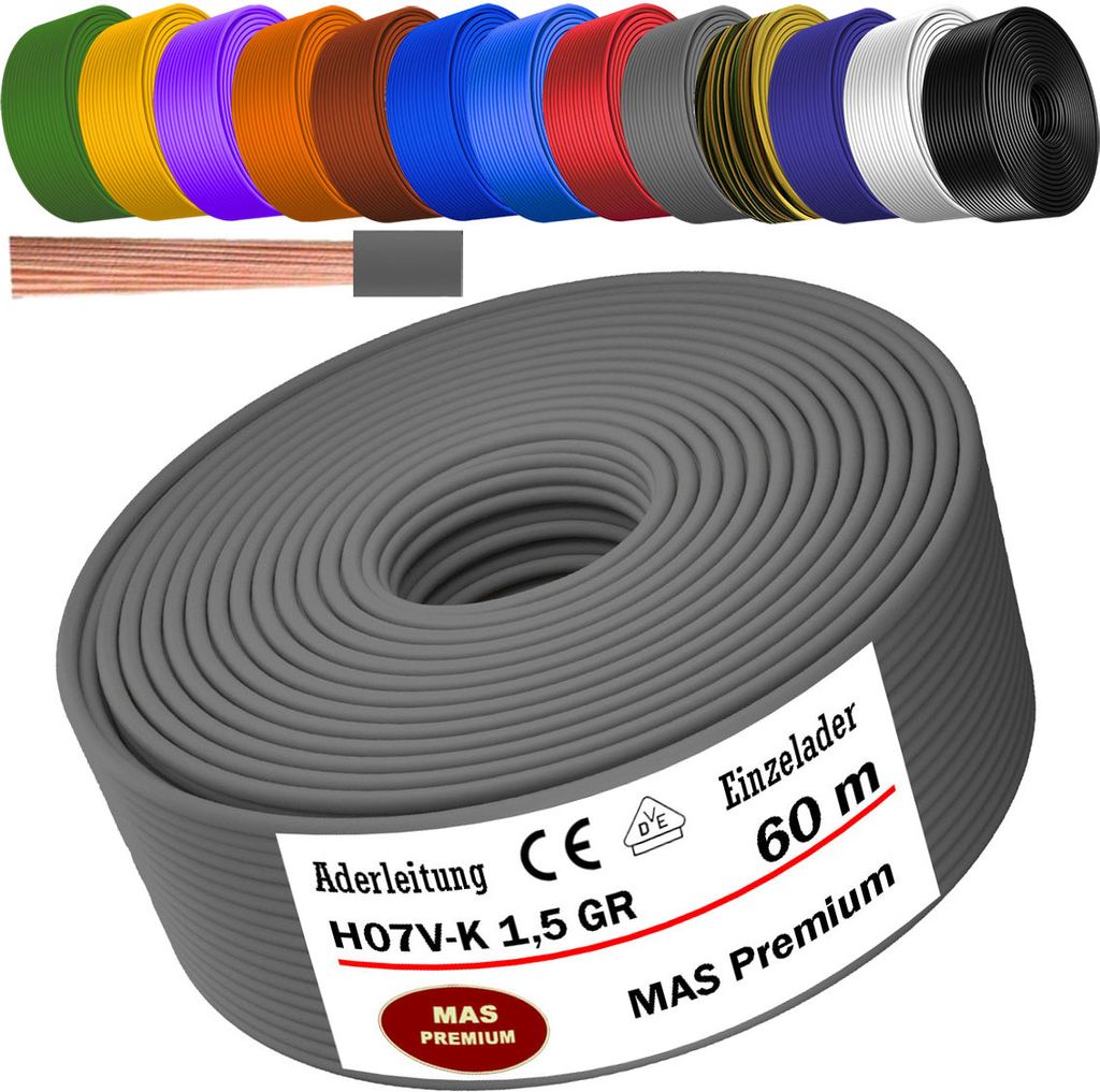 60m Aderleitung H07 V-K GR 1x1,5 mm² Grau Einzelader flexibel