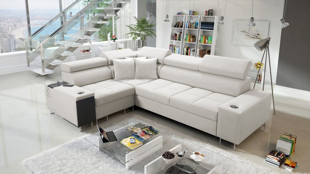 Kaiser Möbel Elegantes Ecksofa mit Konsole und Ladegerät MORENA II Uttario Velvet Ecru Links