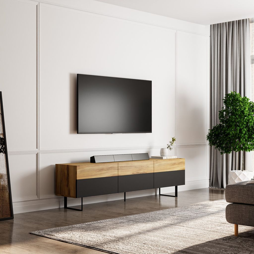 Skye Decor, Sign - Black, Oak, TV-Ständer, Schwarz, 100 % MELAMINBESCHICHTETE SPANPLATTEN, 37 x 180 x 49 cm