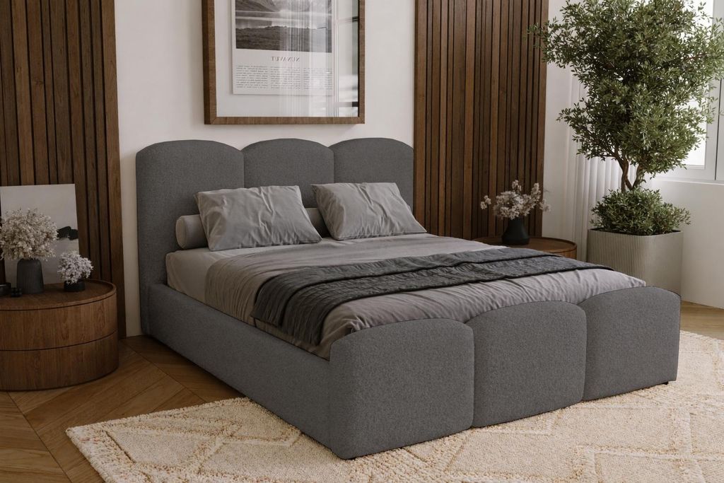 Doppelbett 140x200 cm Capri mit Bettkasten - Schlafzimmerbett, Metall-Lattenrost, Bouclé Grau (Lambi 12)