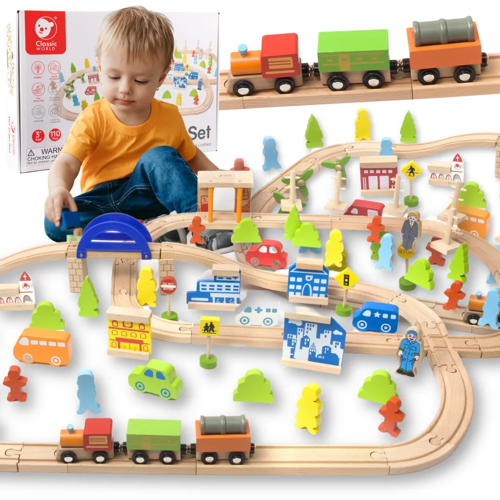 Circuit de train en bois 110 pièces : un ensemble complet et robuste
