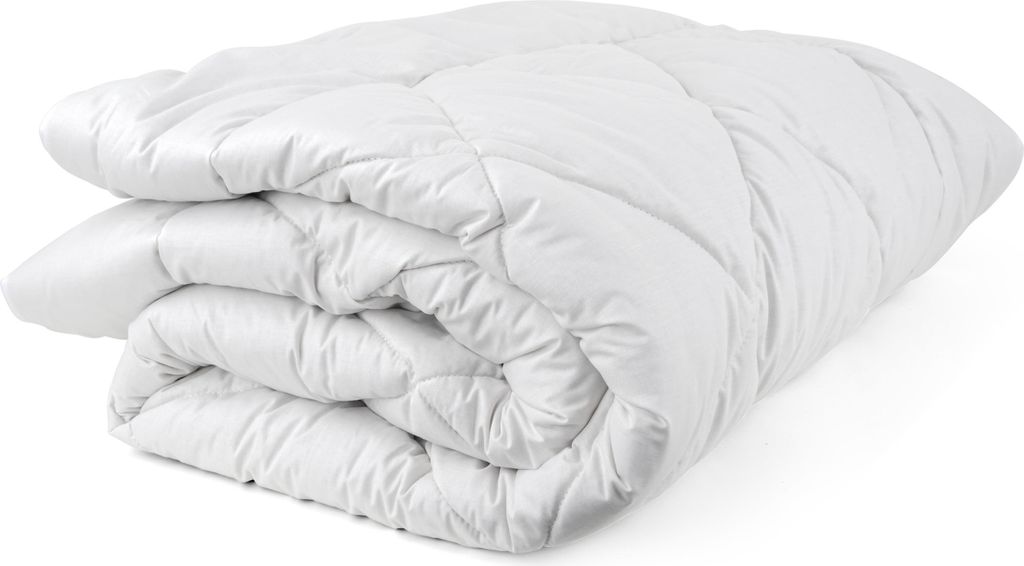 A folded white duvet or comforter is shown against a white background.