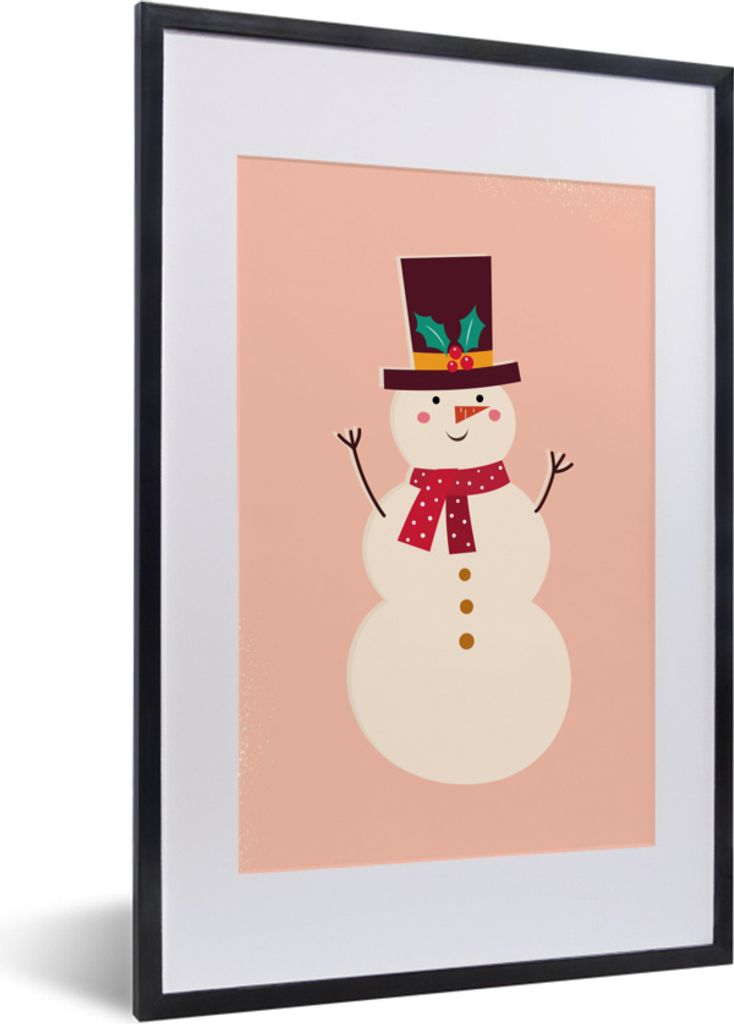 MuchoWow MuchoWow Gerahmtes Poster Schneemann - Weihnachten - Winter - Rosa 40x60 cm - Poster mit zchwarzem Bilderrahmen - Poster in Rahmen