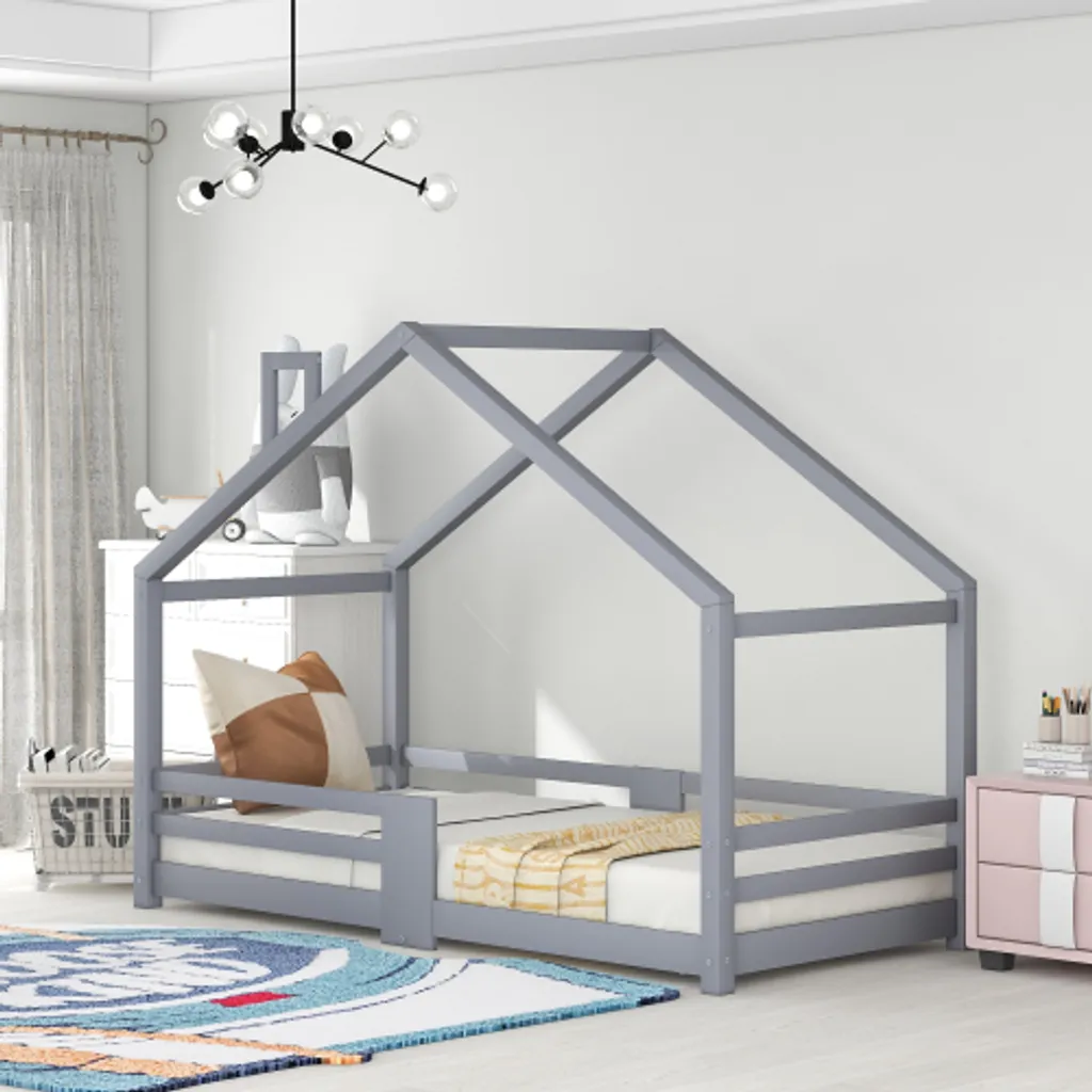 Lit Cabane Gris 90x200 cm avec Cheminée Décorative et Lattes Antichute - 2