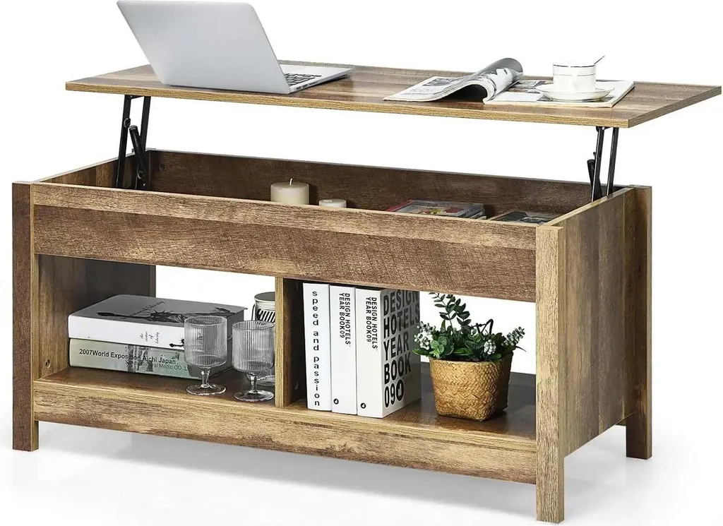 Table basse réglable en hauteur marron avec compartiment de rangement