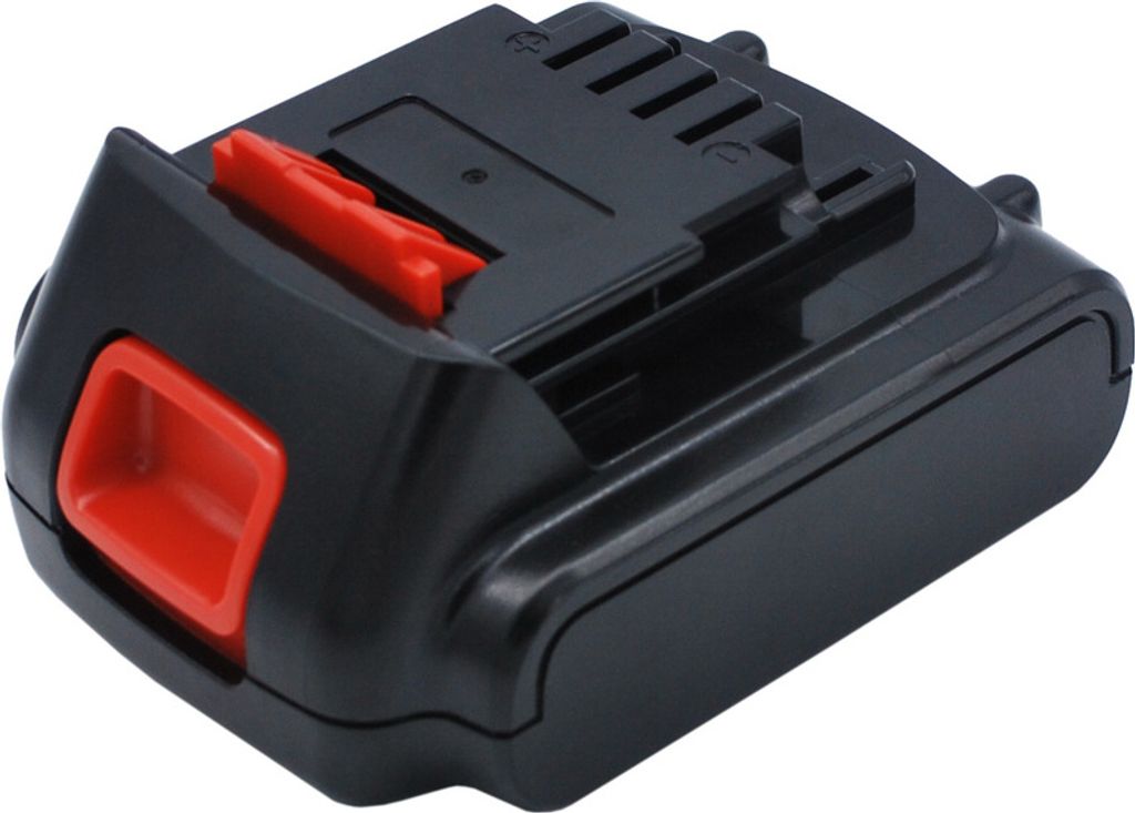 A black and red power tool battery pack is shown from a slightly elevated side angle on a white background.