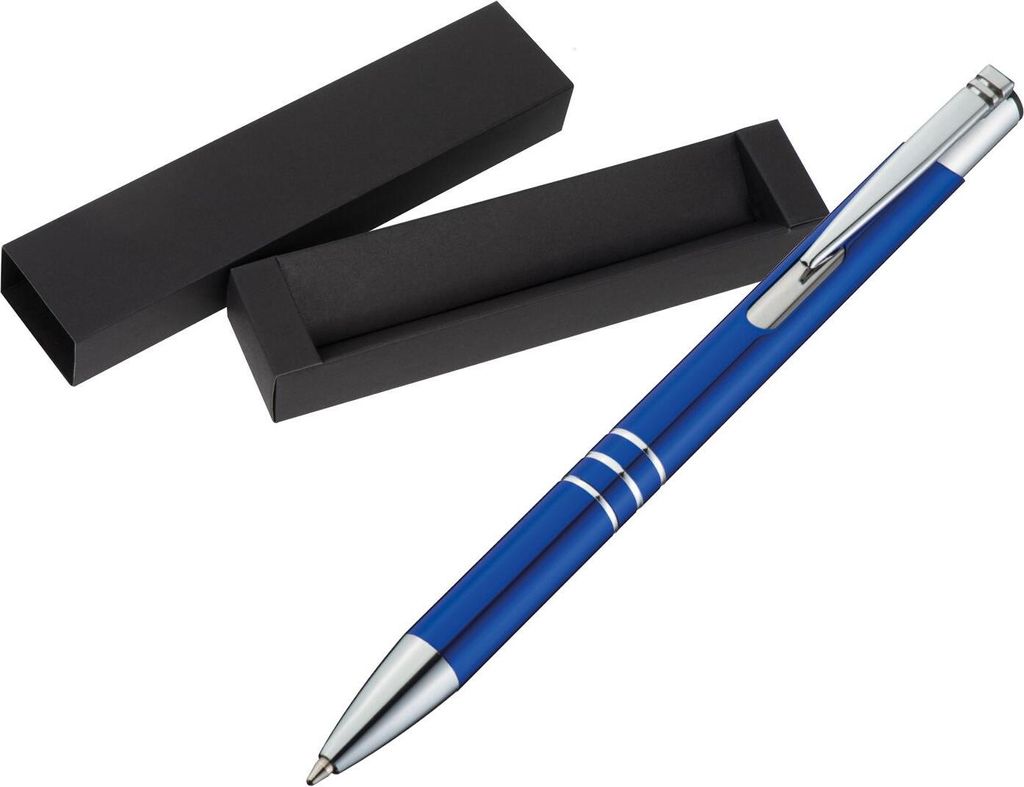 Kugelschreiber aus Metall / mit Pappetui / Farbe: blau
