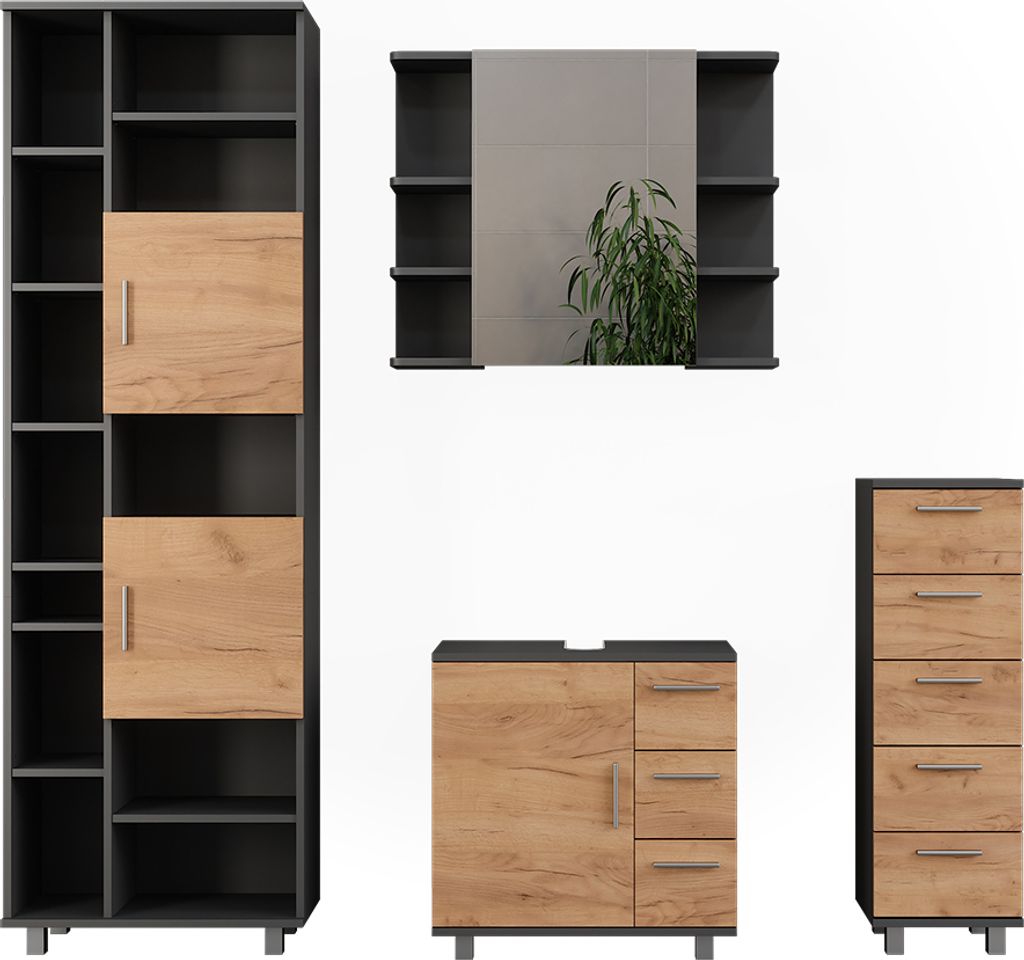 Vicco Badmöbel-Set Ilias, 4 Teile, mit Hochschrank und Midischrank, Anthrazit/Goldkraft Eiche