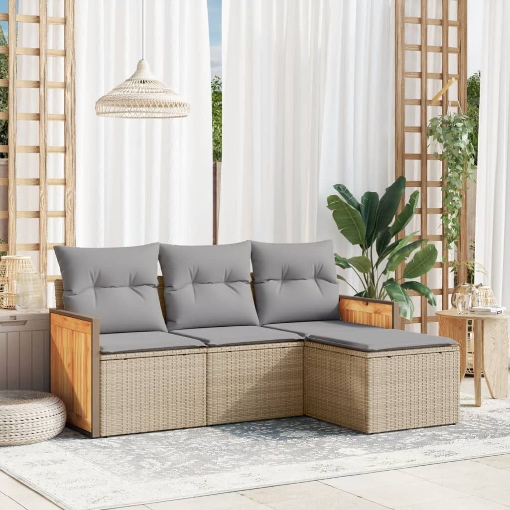 4-tlg. Garten-Sofagarnitur mit Kissen Beige Poly Rattan Produktbild 