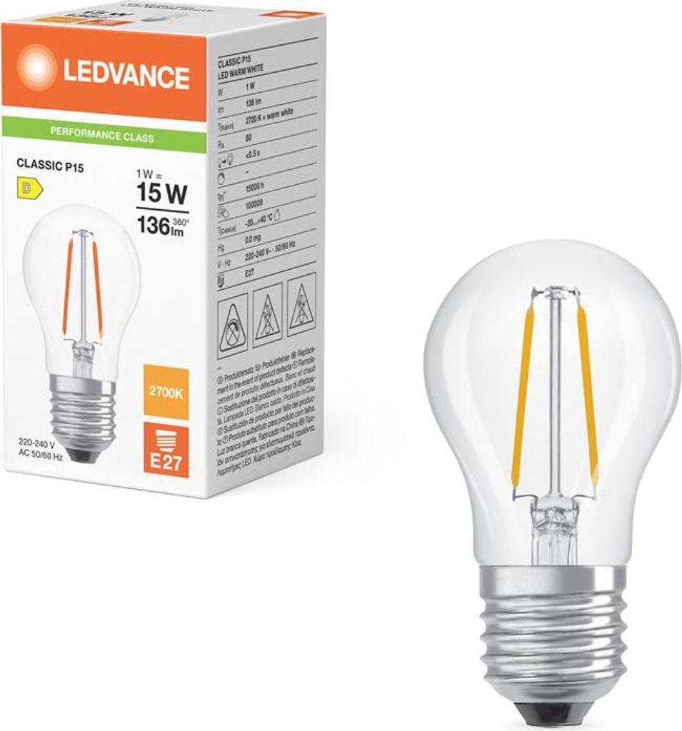 Ledvance LED Filament P45 Tropfen 1W = 15W E27 klar 136lm warmweiß 2700K