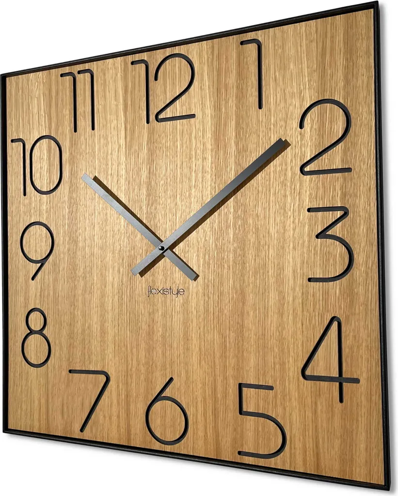 Grande horloge murale bois carré chêne 60cm silencieuse décorative chic