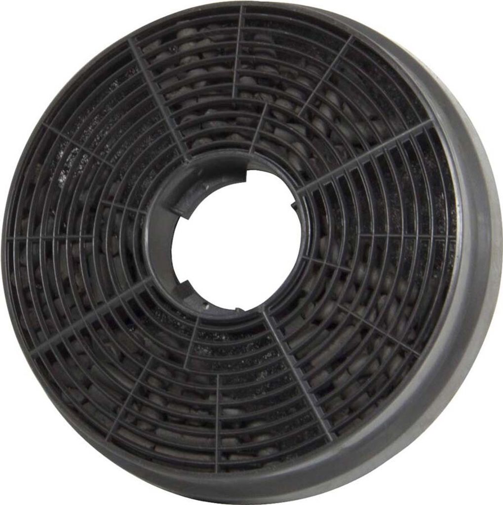 A close-up, isolated shot of a round, black charcoal filter.