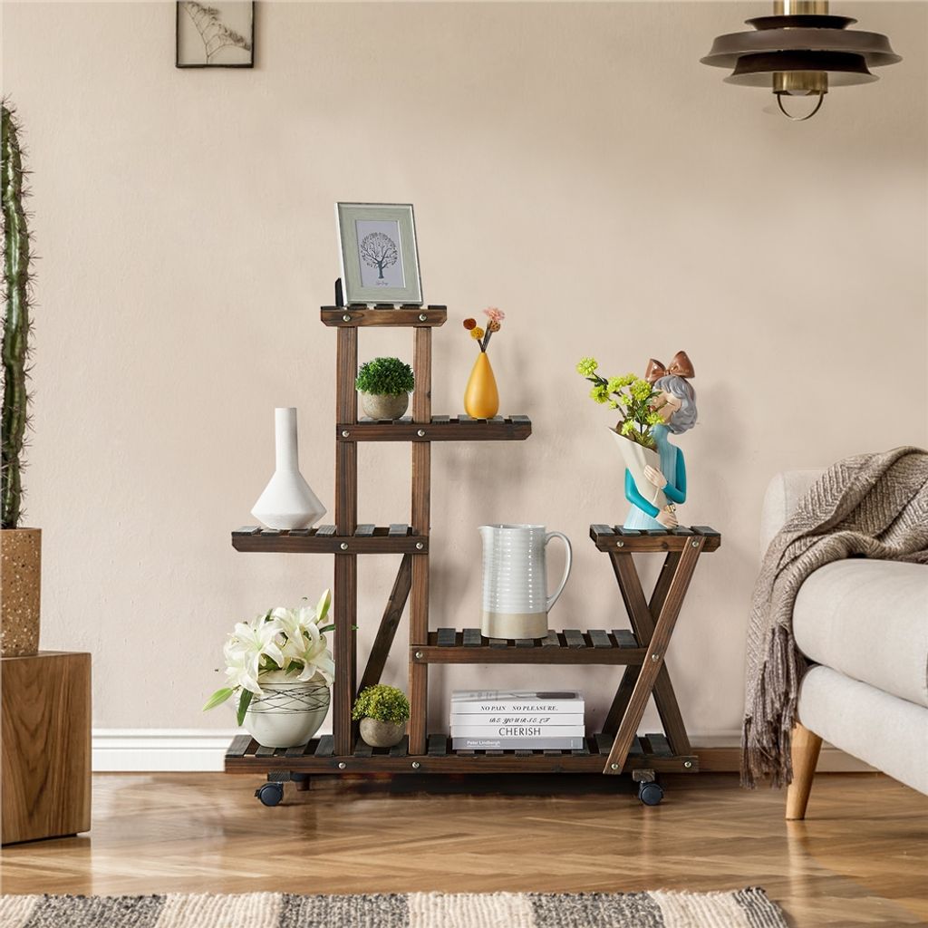 Yaheetech Blumentreppe Pflanzentreppe mit Rollen, Blumenständer Blumenregal Holz, mehrstöckig, 97,5 x 33 x 101 cm