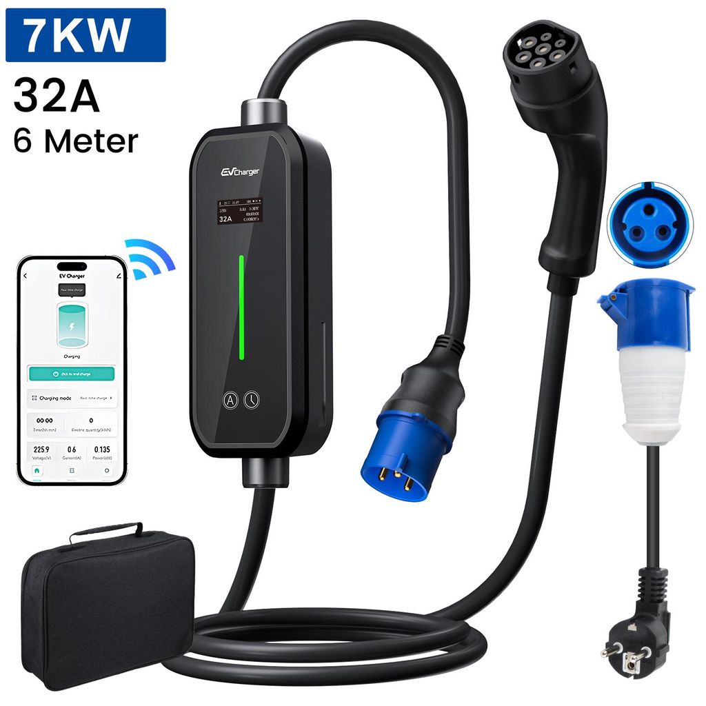 Mobile Wallbox EV EU Ladegerät mit APP 3.5/7kW Typ 2 6m Ladekabel 16/32A 1 Phase CEE Stecker Einstellbarer Strom Tragbares Ladegerät