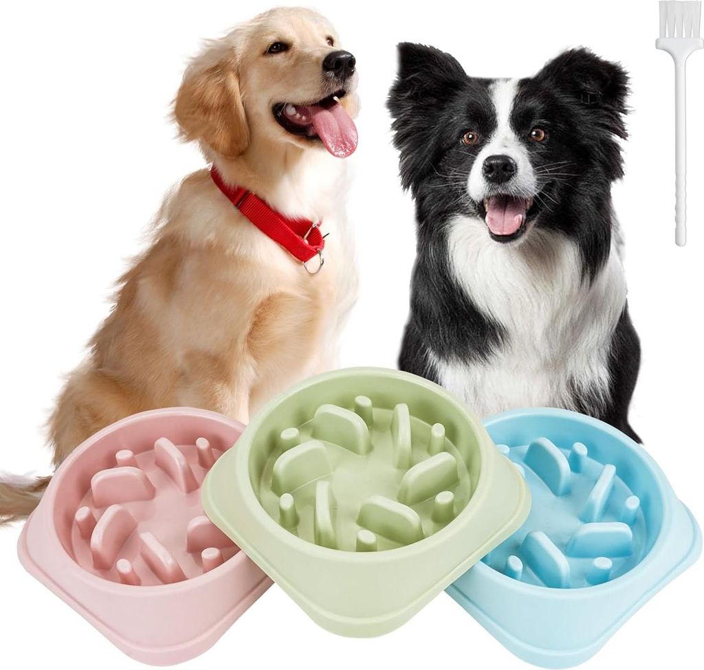 Langsame Futterstation für Hunde - 3 Stück, rutschfest, interaktiv, anti-schlingen, gesundes Fressen für Hunde und Katzen (blau, rosa, grün)