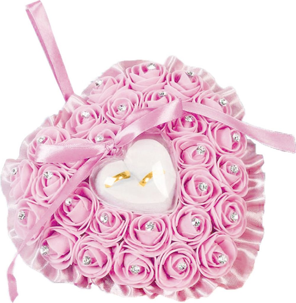 Herzform Faux Rose Strass eingelegtes Ehering Ring Box Lagerhalter Kissen-Rosa