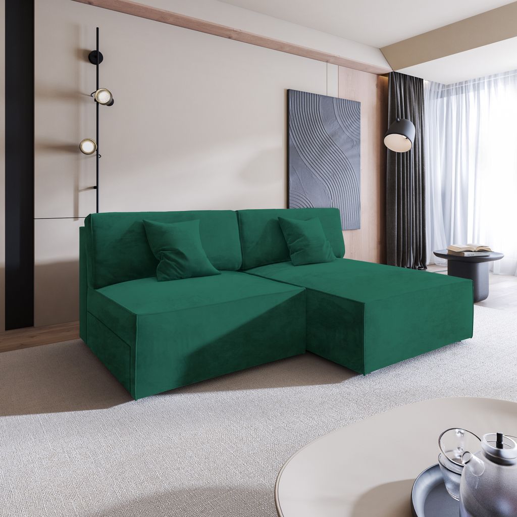 Masseno Ecksofa FIORO M mit Schlaffunktion L-Form, Sofa mit Bettkasten, Wohnzimmersofa, Couch, Soffa, Bettsofa, Couchgarnitur- Grün, MONOLITH 37
