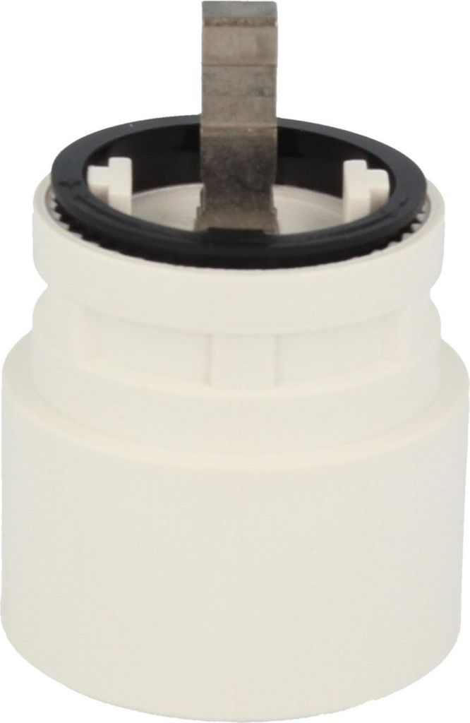 A close-up studio shot of a white plumbing cartridge with a metal component and a black rubber seal.
