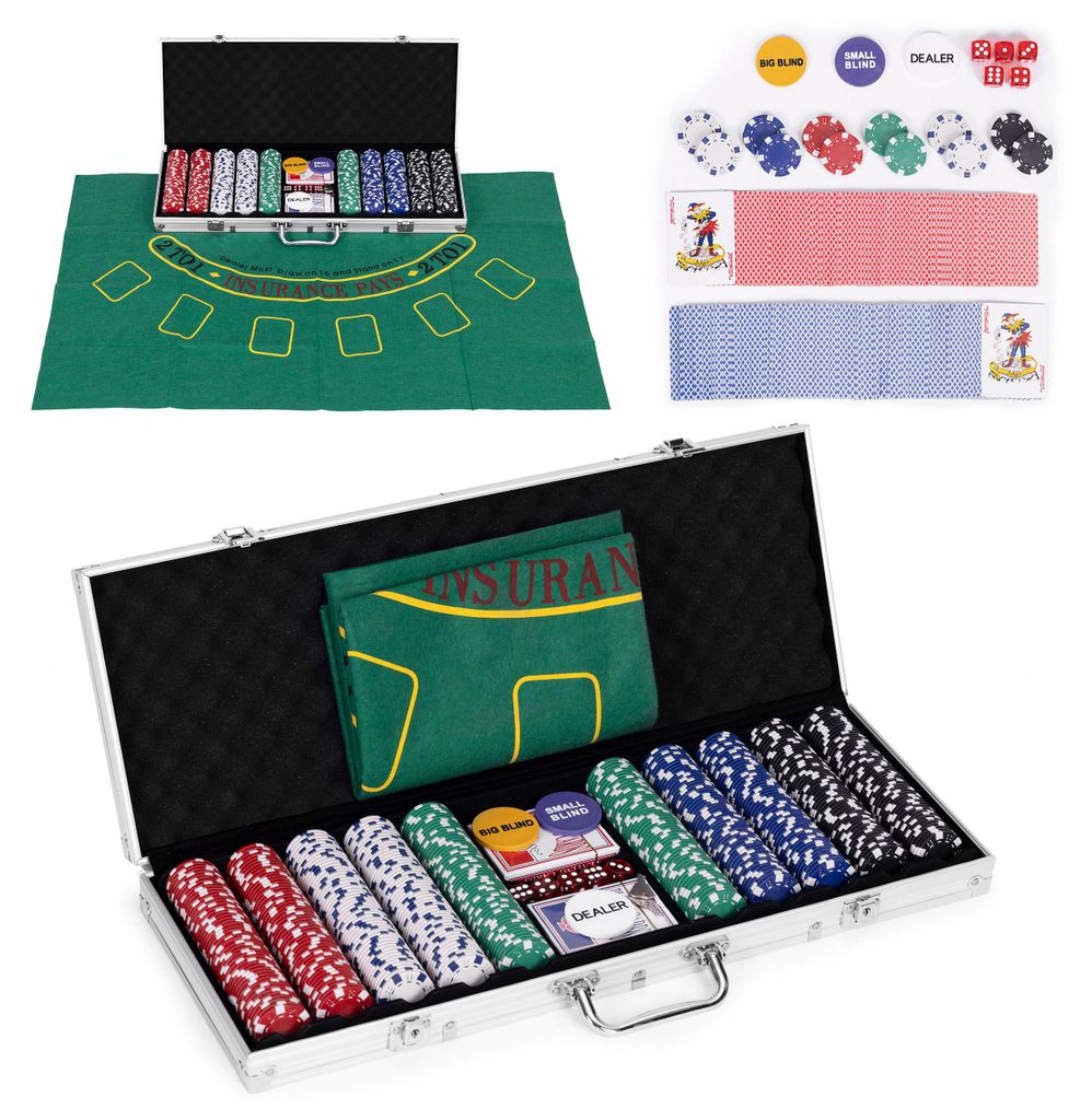 Poker- und Blackjack-Set mit 500 Chips, 2 Kartenspielen, Würfeln, Spielmatte und verschließbarem Koffer