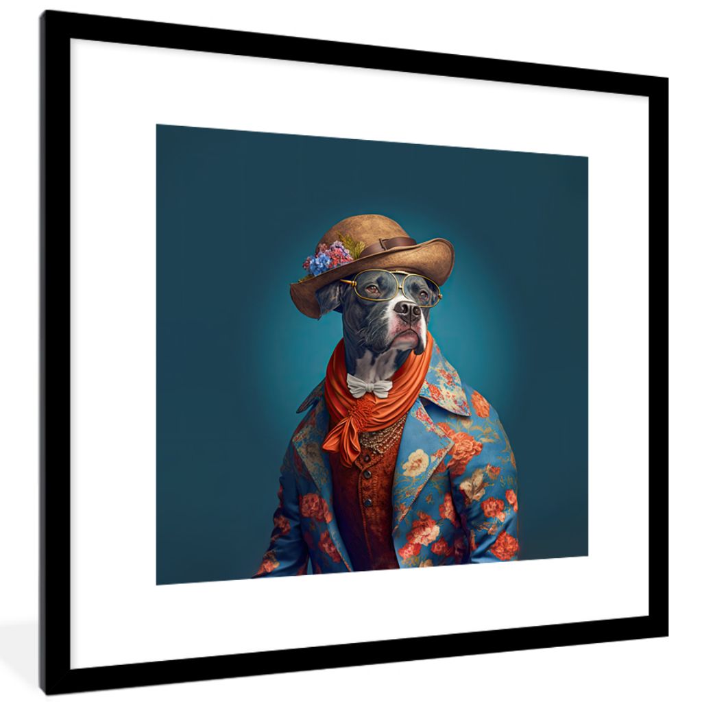 MuchoWow Gerahmtes Poster Hund - Jacke - Blumen - Hut - Blau 40x40 cm - Poster mit Schwarzem Bilderrahmen Wandposter Rahmen Foto Bilder - Poster ...
