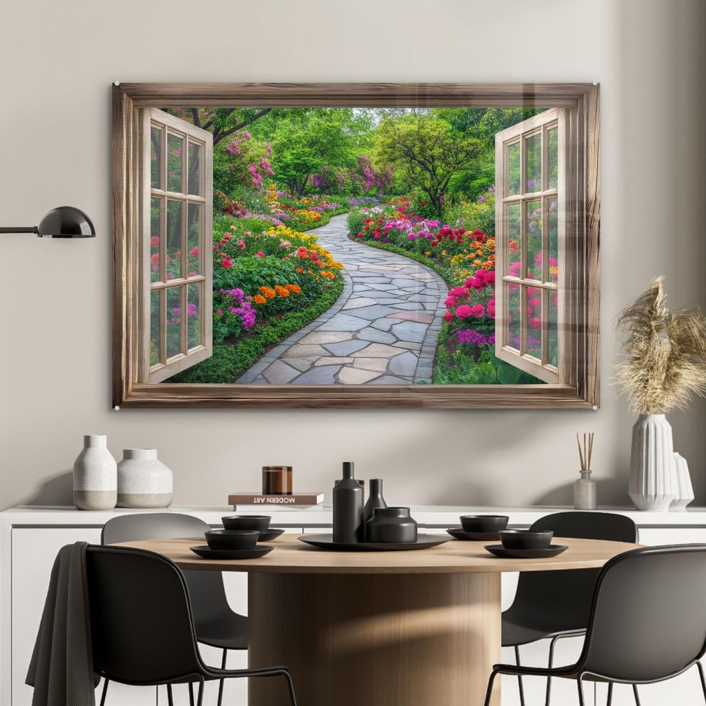 MuchoWow Glasbilder - Bilder auf Wandbild - Foto auf Glas Aussicht - Blumen - Gartenweg - Natur - Fenster 120x80 cm Wanddekoration aus Glas - Acryl...