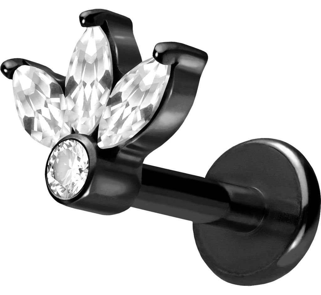 Ohrpiercing, Nasenpiercing Titan Labret mit Push Fit LOTUSBLÜTE Schwarz Stablänge: 9mm | Stabstärke: 1,2mm