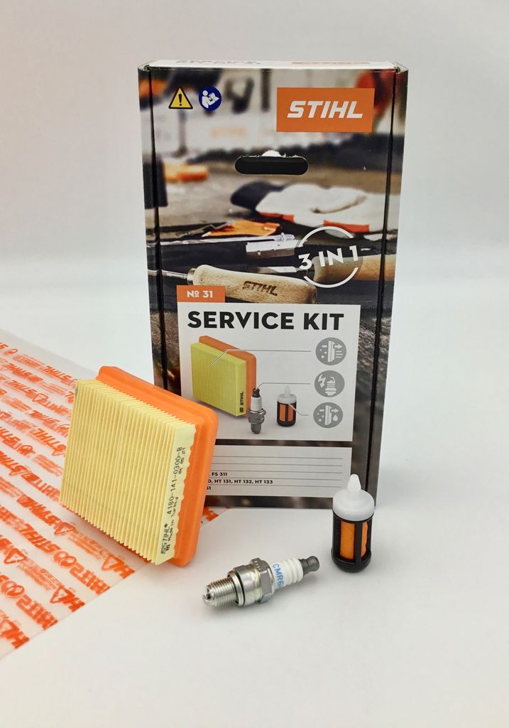 A Stihl service kit is displayed with its packaging and components.