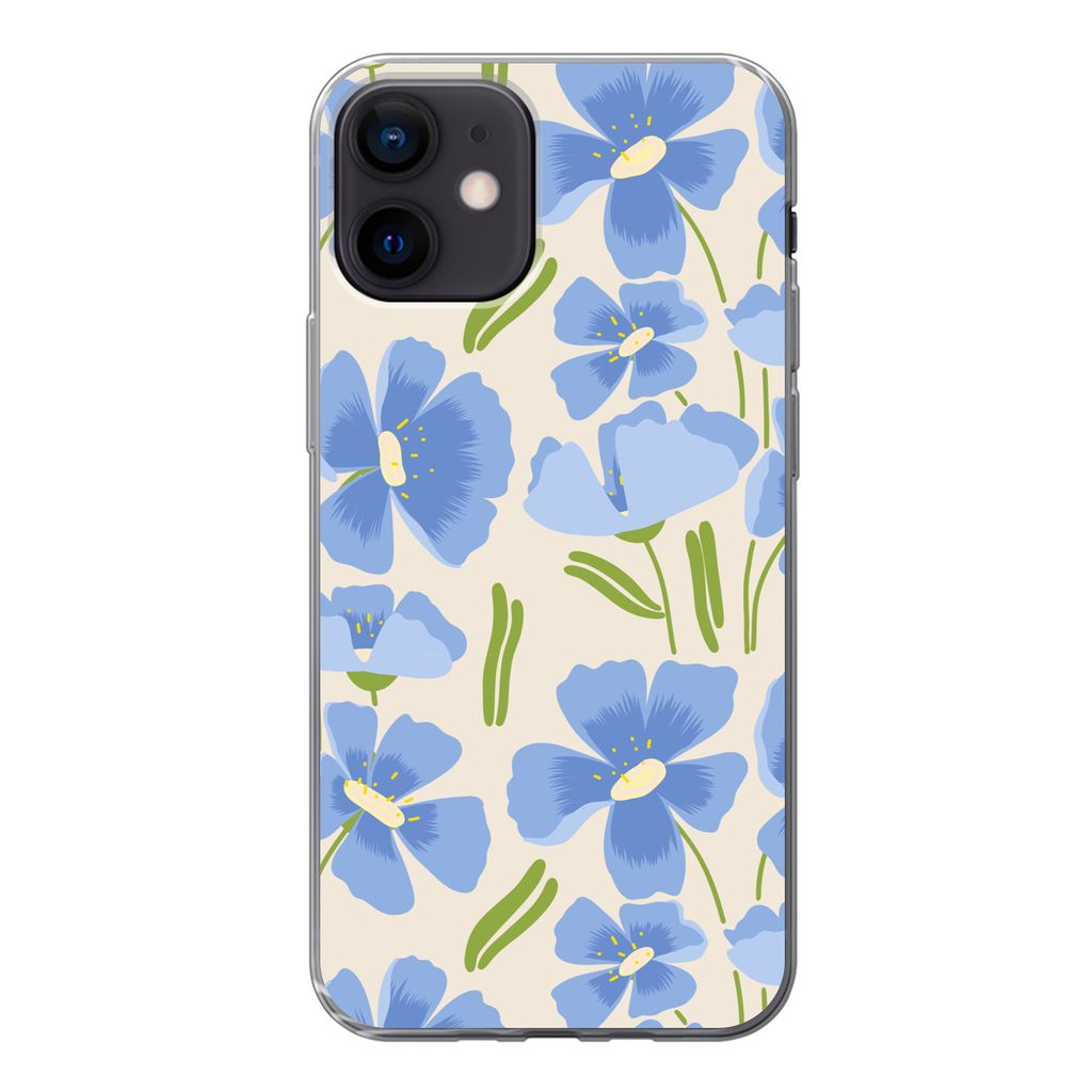MuchoWow Handyhülle Schutzhülle Hülle für iPhone 12 Blume - Blau - Muster Silikon Softcase Handy Hülle - Schutzhülle
