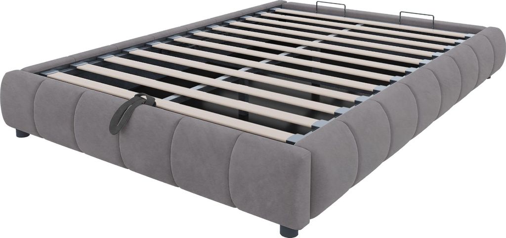 A grey upholstered bed frame with a slatted base, shown from a diagonal angle against a white background.