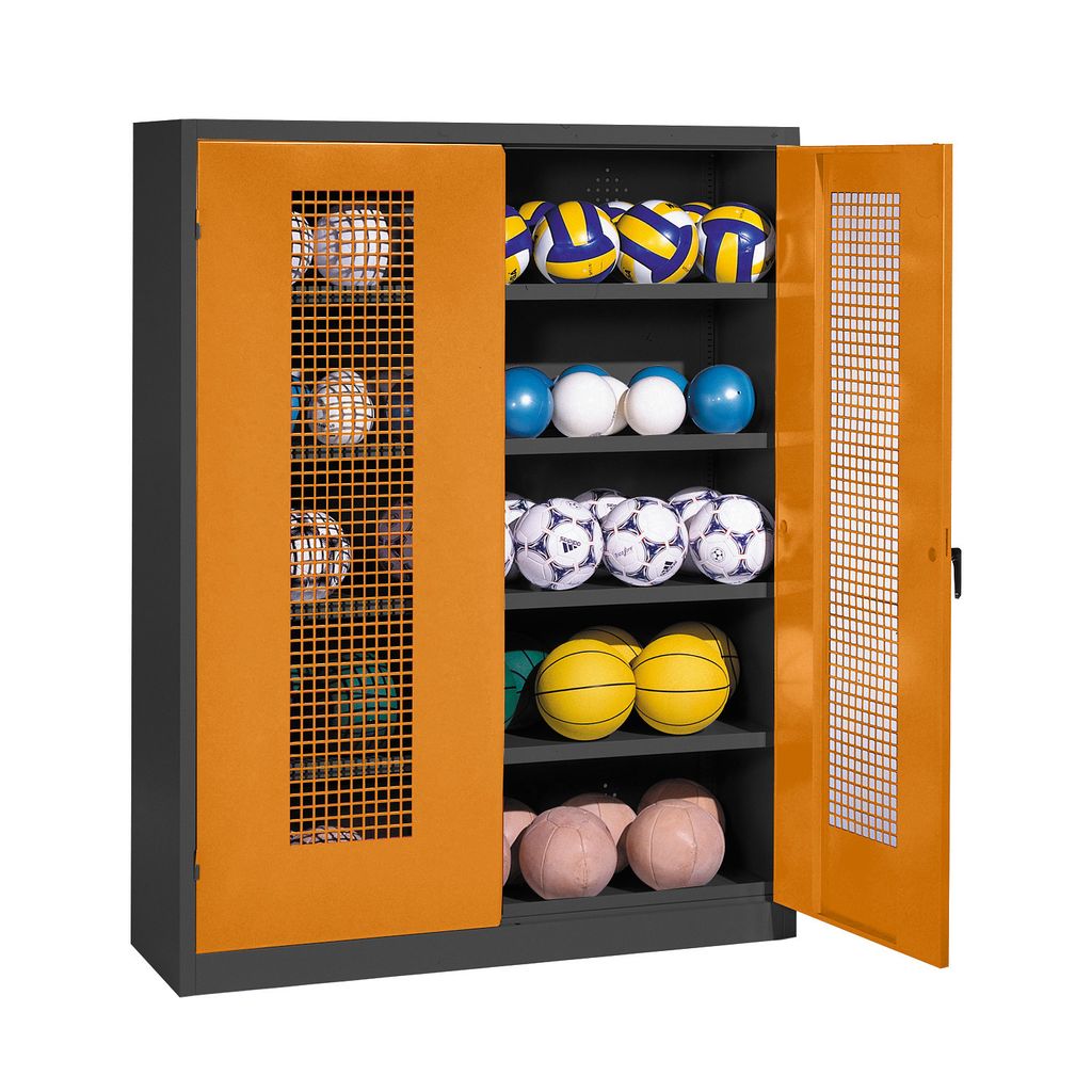 C+P Ballschrank mit Lochblech-Flügeltüren (Typ 3), HxBxT 195x150x50 cm, Ergo-Lock Muldengriff, Goldgelb (RAL 1004), Anthrazit (RAL 7021), Einzels...