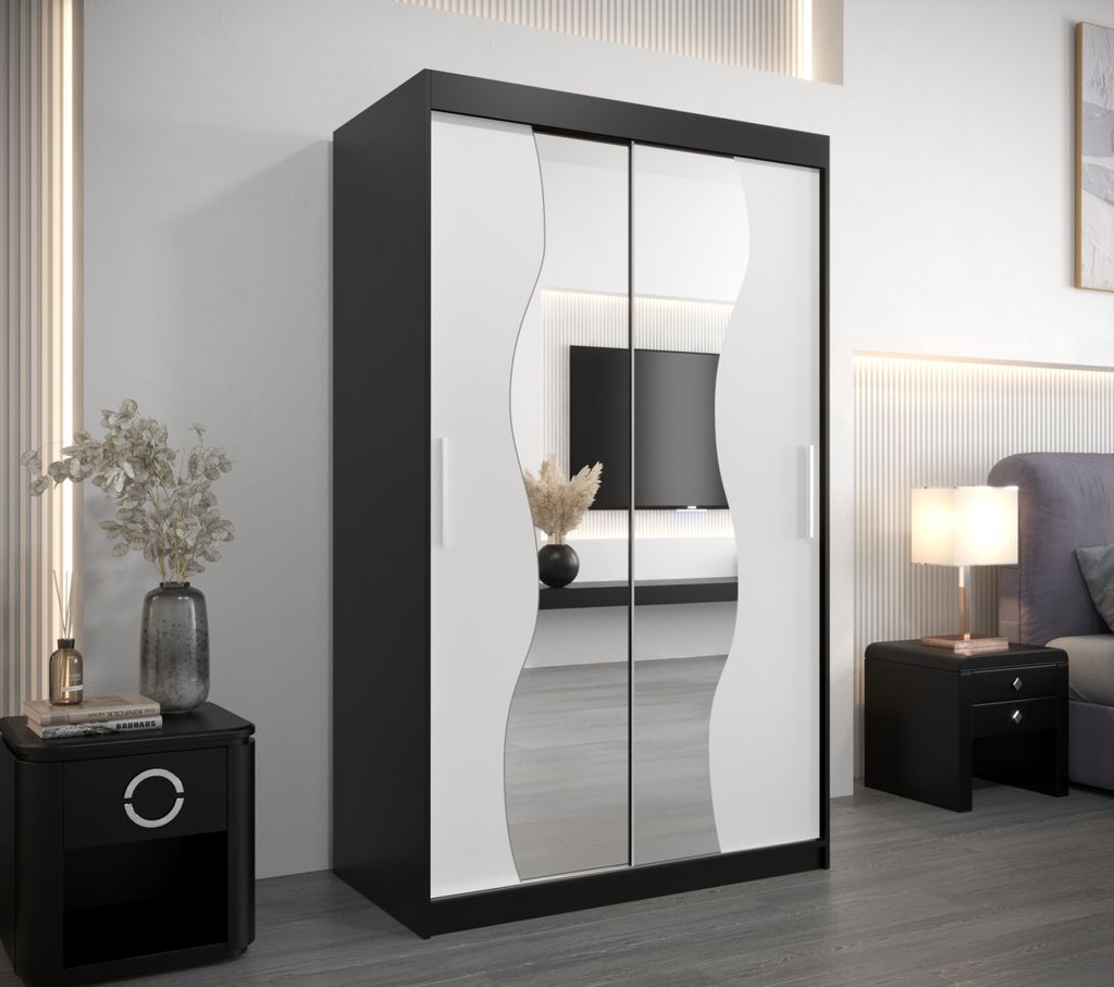 Kleiderschrank mit Spiegeln JUDITA – Breite 120 cm, schwarz/weiß