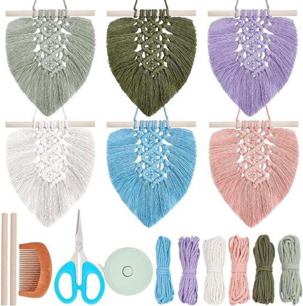 Macrame-Set für Anfänger mit Blättermuster - Wollene Wandtapete - Fäden Wandhaken - 6 Farben - Macrame-Kit für Erwachsene - Geburtstagsgeschenk