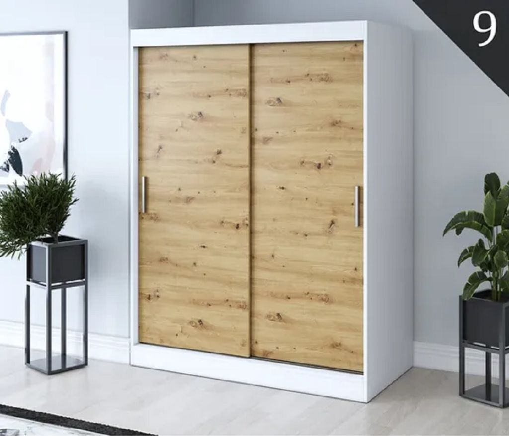FurMeb24 Schiebetrenschrank GOLD -150x200cm 2-triger Kleiderschrank Ohne Spiegel, Schiebeschrank - (Weiss + Artisan Eiche)