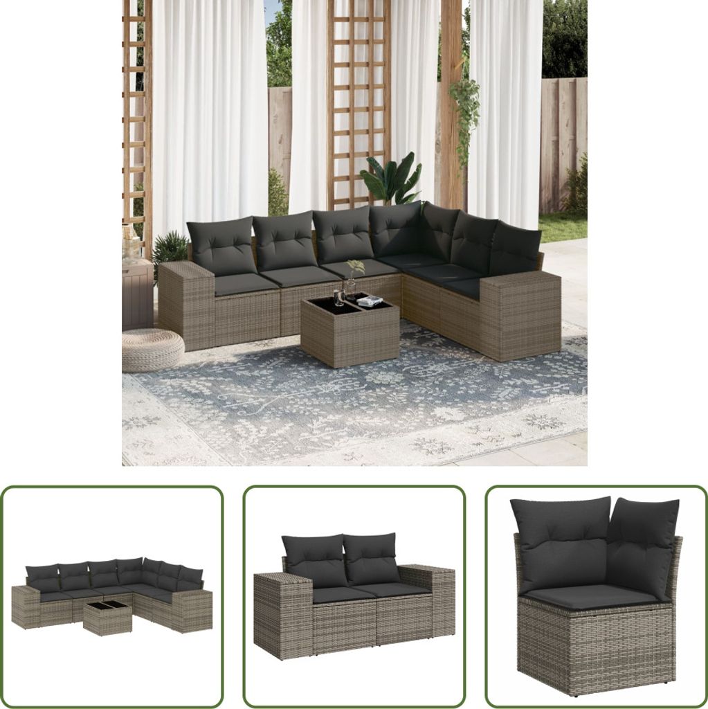 The Living Store 7-tlg. Garten-Sofagarnitur mit Kissen Grau Poly Rattan