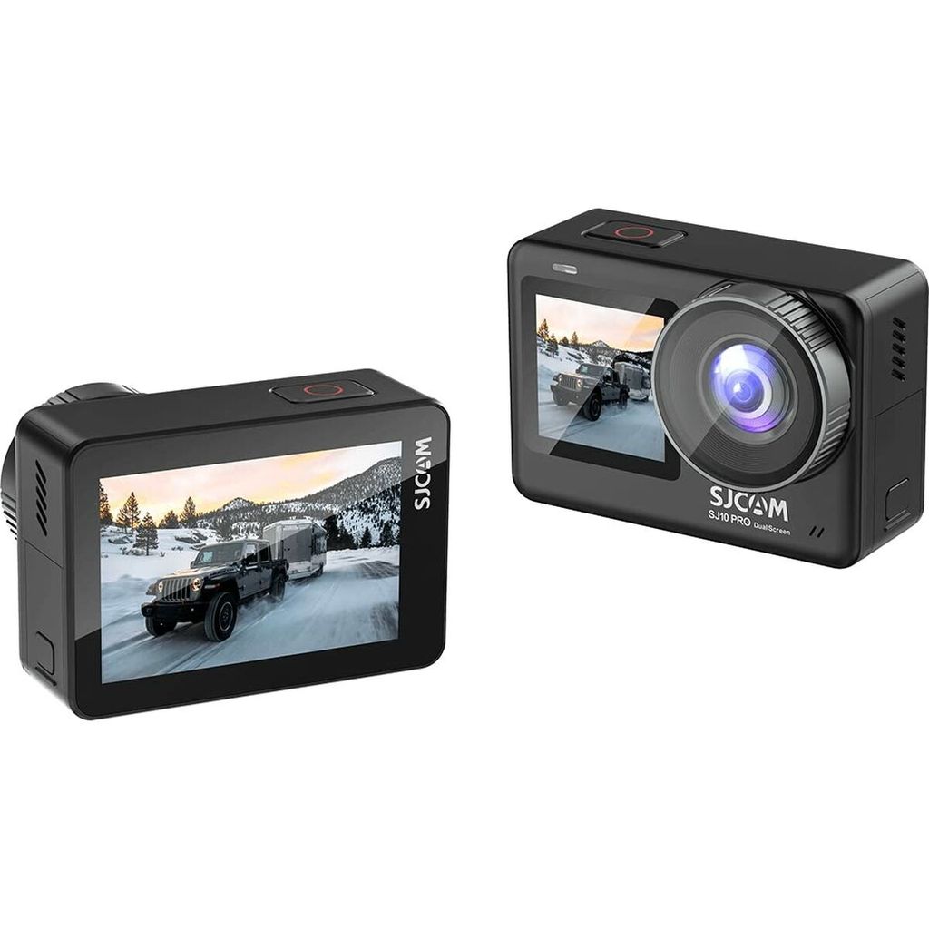 Two black SJCAM action cameras are shown against a white background. One camera is viewed from the side and back, showing its screen displaying a winter scene with a vehicle. The other camera is viewed from the front and side, showing its lens and screen.