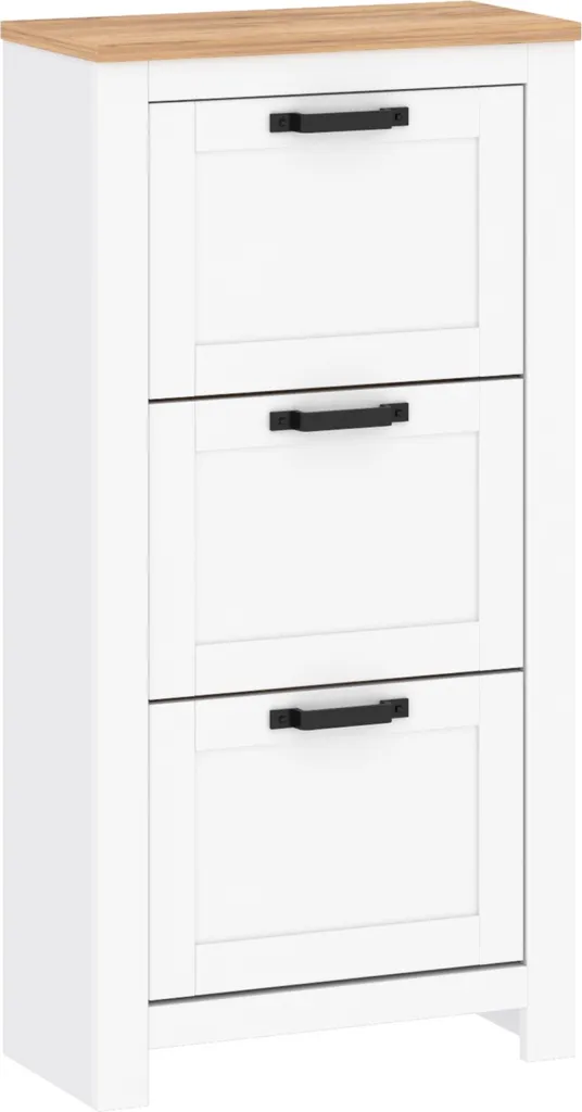 Meuble à chaussures 3 tiroirs rabattables blanc et bois pour l'entrée