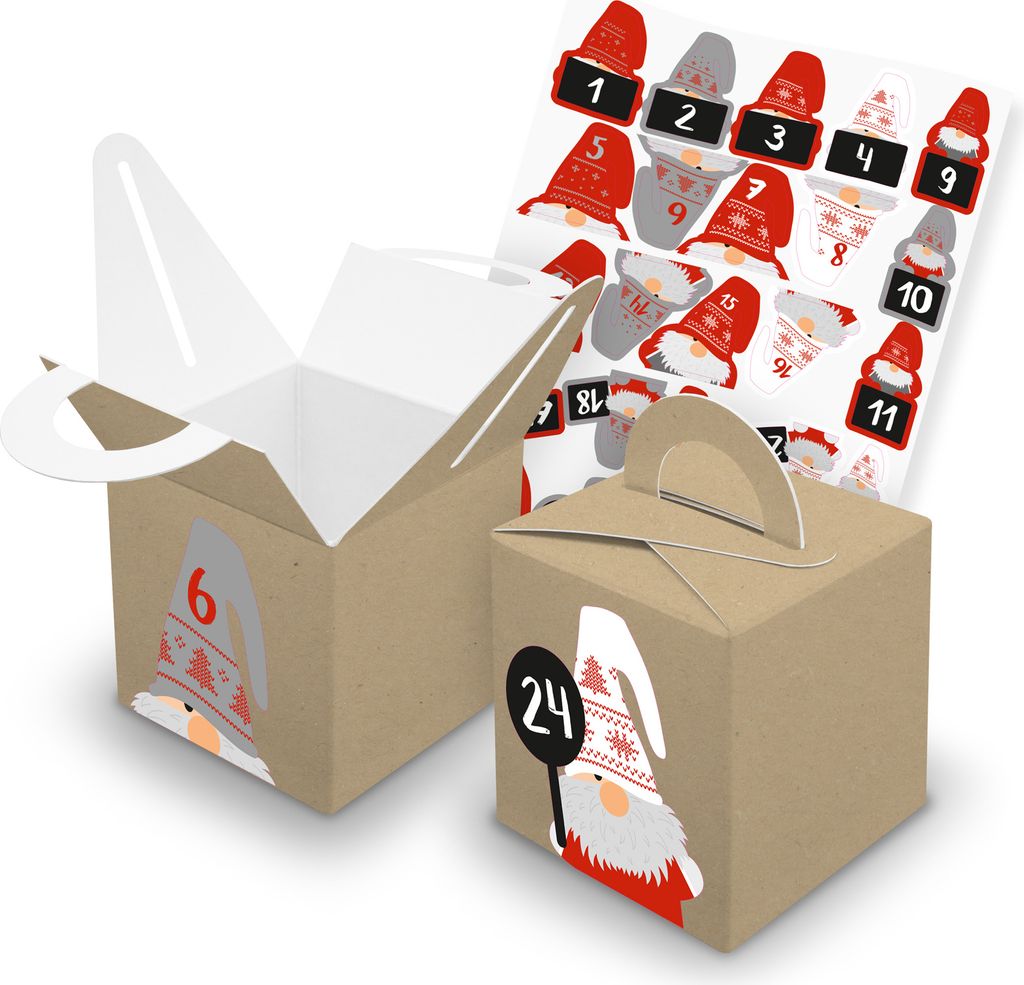 itenga SET V43 Adventskalender Würfelbox mit Griff Braun + Zahlensticker Wichtel